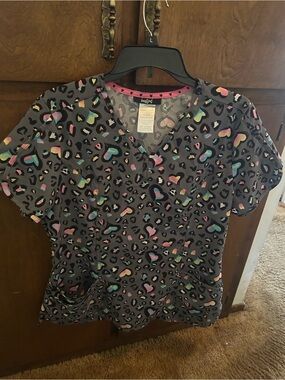 HeartSoul Grey V-Neck Scrub Top with Multicolor Heart Print